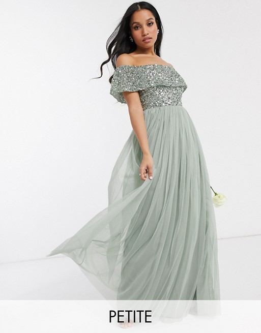 Maya Petite Bridesmaid bardot maxi tulle dress with tonal delicate sequins in sage green