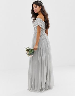 grey bardot bridesmaid dresses