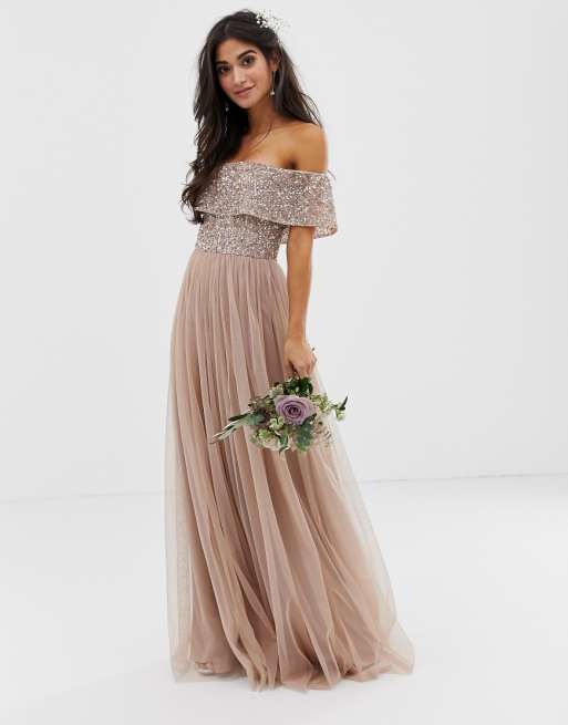 Maya Petite Bridesmaid bardot maxi tulle dress with tonal Maya Petite Bridesmaid bardot maxi tulle dress with tonal