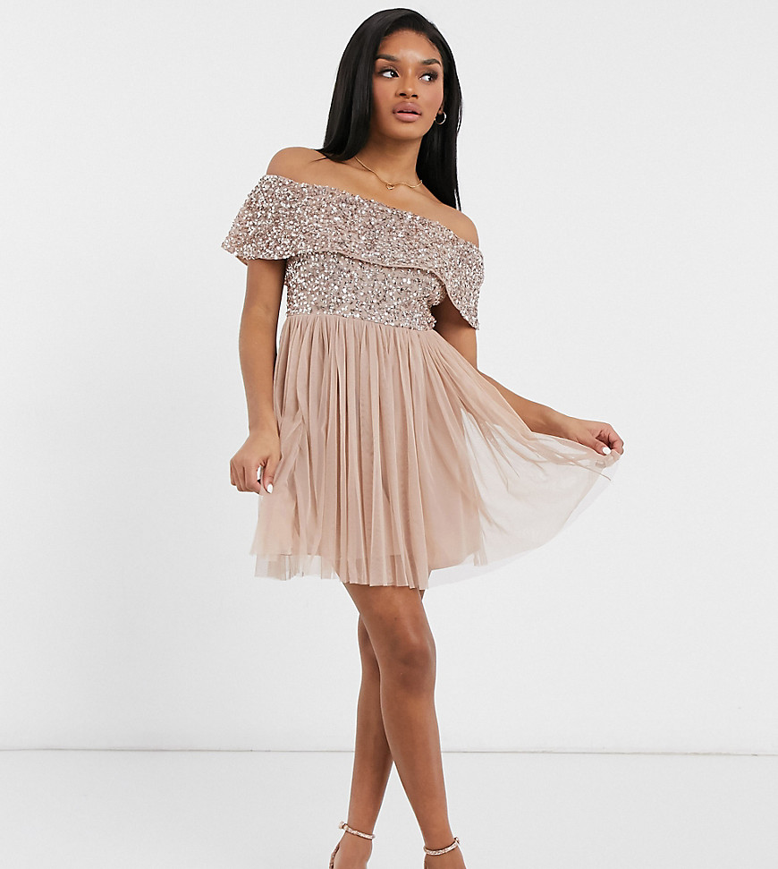 Maya Petite Bridesmaid bardot mini tulle dress with tonal delicate sequins in taupe blush-Pink