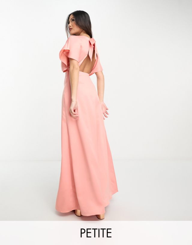 Maya Petite Bridesmaid cape sleeve maxi dress in terracotta satin