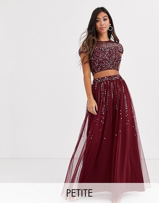 Maya Petite Bridesmaid delicate sequin tulle skirt co ord in wine