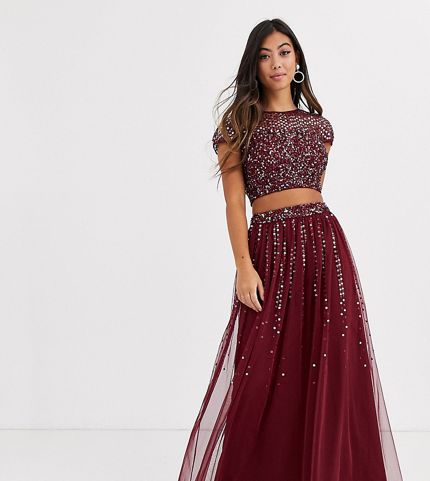 Maya Petite Bridesmaid delicate sequin tulle skirt co ord in wine-Red
