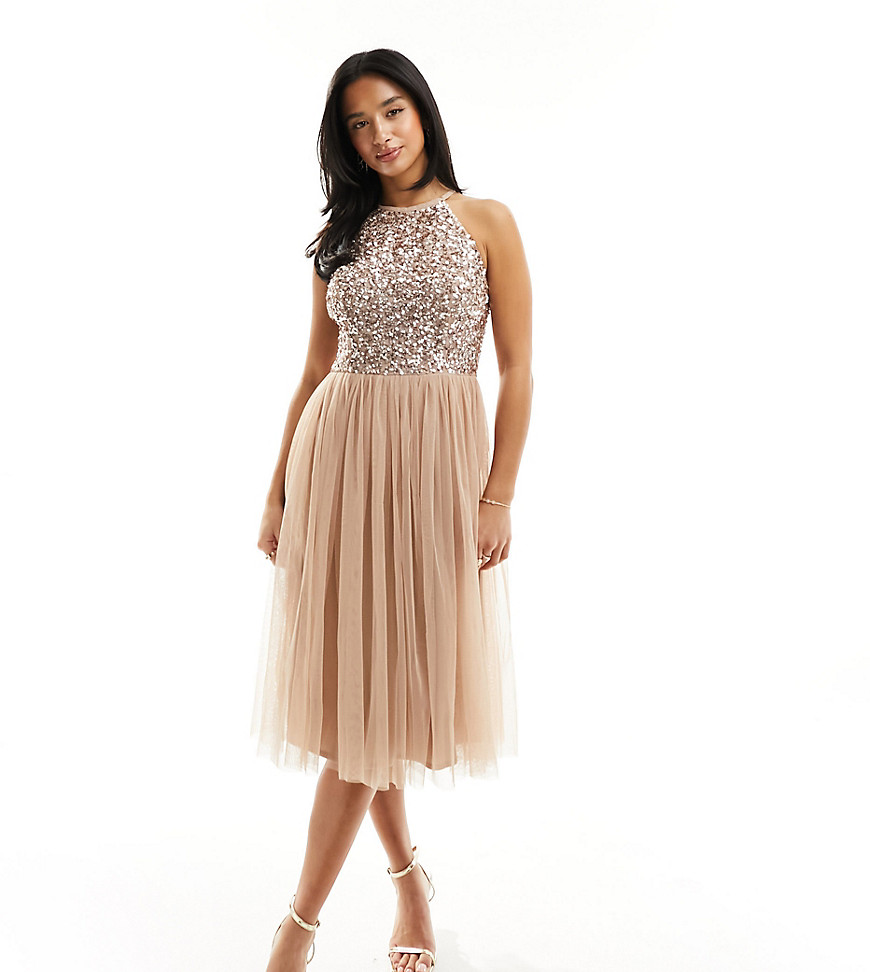 Maya Petite Bridesmaid halter neck midi tulle dress with tonal delicate sequins in muted blush-Neutr