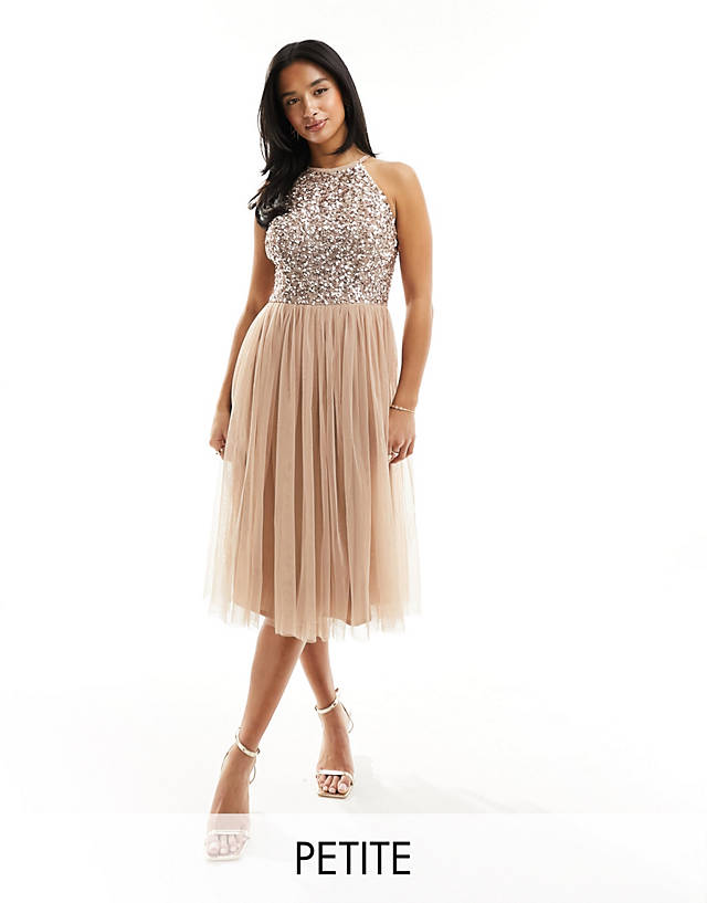 Maya Petite - bridesmaid halter neck midi tulle dress with tonal delicate sequins in muted blush