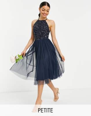 Maya Petite Bridesmaid halter neck midi tulle dress with tonal delicate sequins in navy