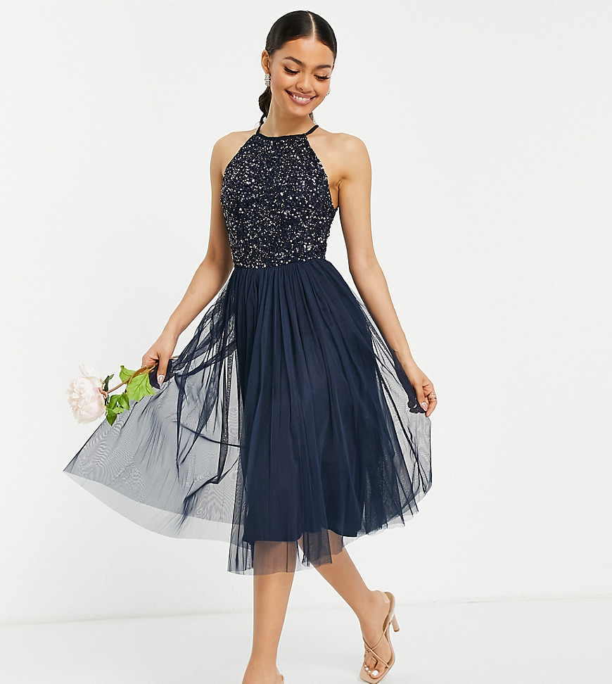 Maya Petite Bridesmaid halter neck midi tulle dress with tonal delicate sequins in navy