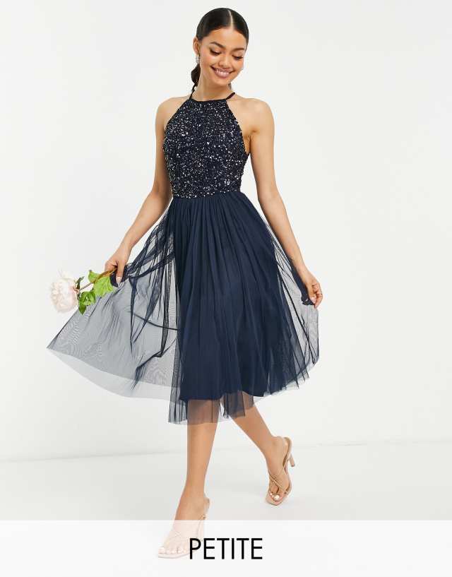 Maya Petite - bridesmaid halter neck midi tulle dress with tonal delicate sequins in navy