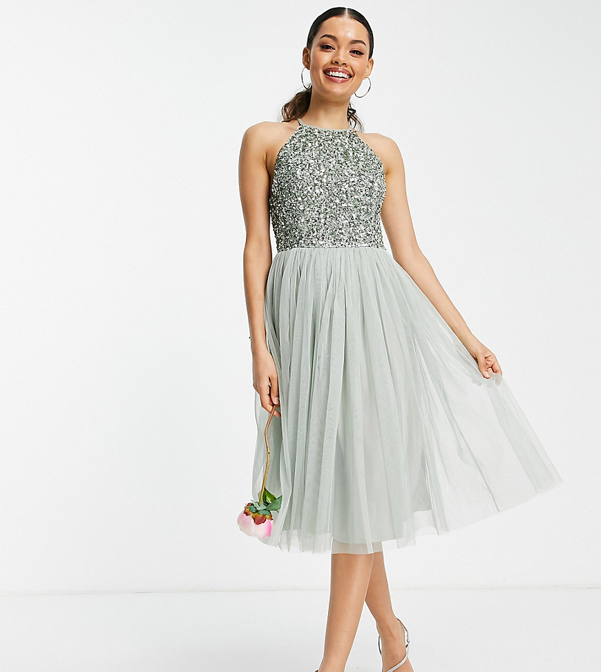 Maya Petite Bridesmaid halter neck midi tulle dress with tonal delicate sequins in sage green