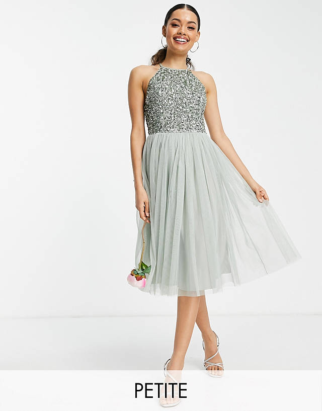 Maya Petite - bridesmaid halter neck midi tulle dress with tonal delicate sequins in sage green