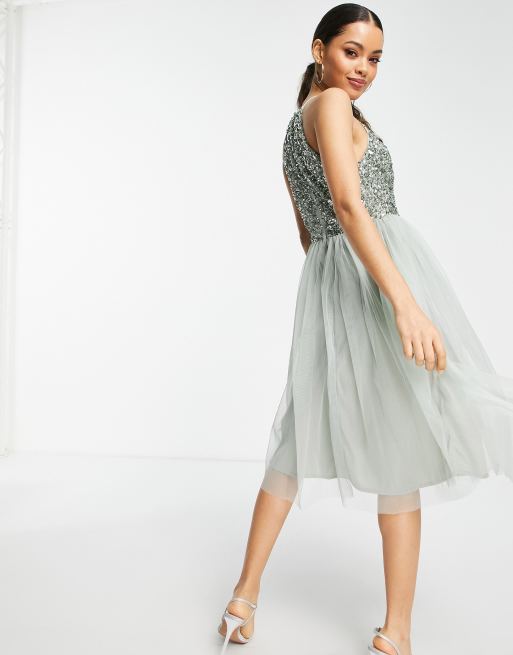 Maya Petite Bridesmaid halter neck midi tulle dress with tonal delicate sequins in sage green