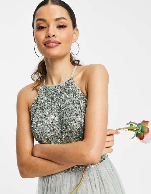 Maya Petite Bridesmaid halter neck midi tulle dress with tonal delicate sequins in sage green