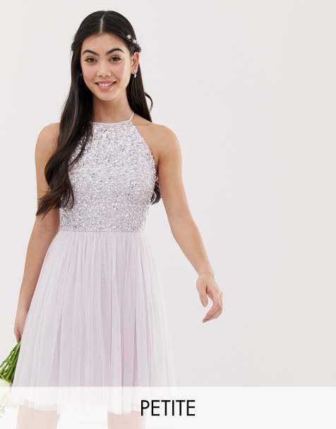 Maya Petite Bridesmaid halter neck mini tulle dress with tonal delicate sequins in soft lilac