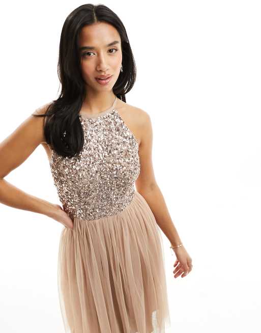 Maya bridesmaid halter neck midi tulle dress store with tonal delicate sequins in taupe blush