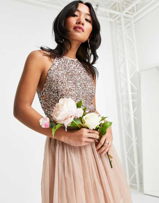 Maya bridesmaid halter neck maxi tulle dress sales with tonal delicate sequins in taupe blush