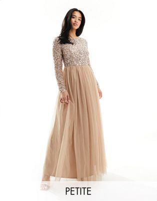 Maya Petite Bridesmaid Long Sleeve Maxi Dress With Delicate Sequin In Muted Blush-neutral