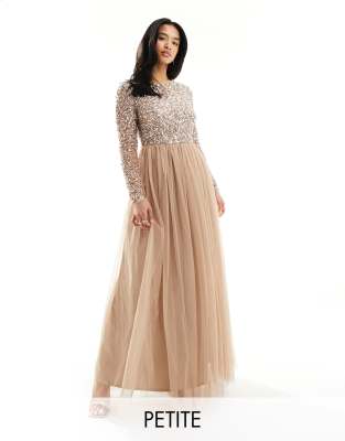 Maya Petite Bridesmaid long sleeve maxi dress with delicate sequin in muted blush-Neutral