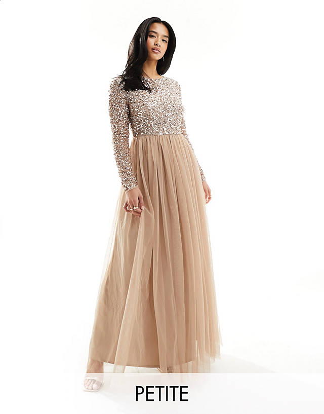Maya Petite - bridesmaid long sleeve maxi dress with delicate sequin in muted blush