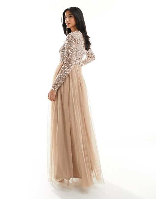 Maya Petite Bridesmaid long sleeve maxi dress with delicate sequin in muted  blush