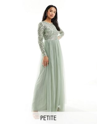 Maya Petite Bridesmaid Short Sleeve Maxi Tulle Dress With Tonal Delicate Sequins In Sage Green