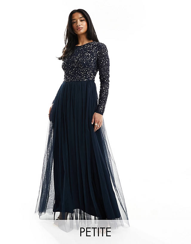 Maya Petite - bridesmaid long sleeve maxi tulle dress with tonal delicate sequin in navy