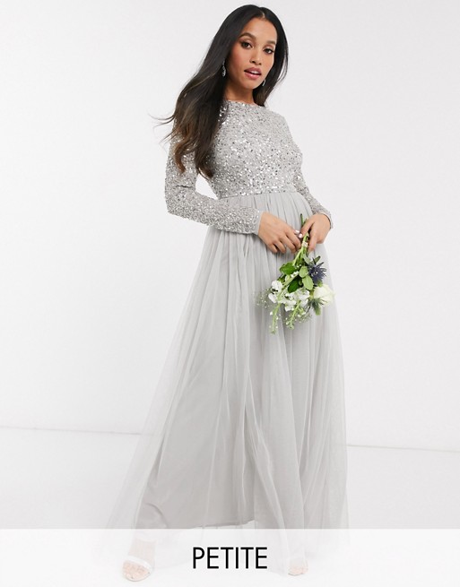 Maya Petite Bridesmaid long sleeve v back maxi tulle dress with tonal delicate sequin in silver