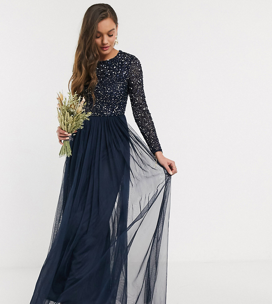 Product photo of Maya petite bridesmaid long sleeve maxi tulle dress with tonal delicate sequins in navy