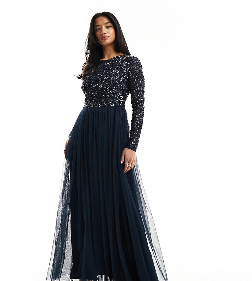 Maya Petite Bridesmaid long sleeve maxi tulle dress with tonal delicate sequins in navy