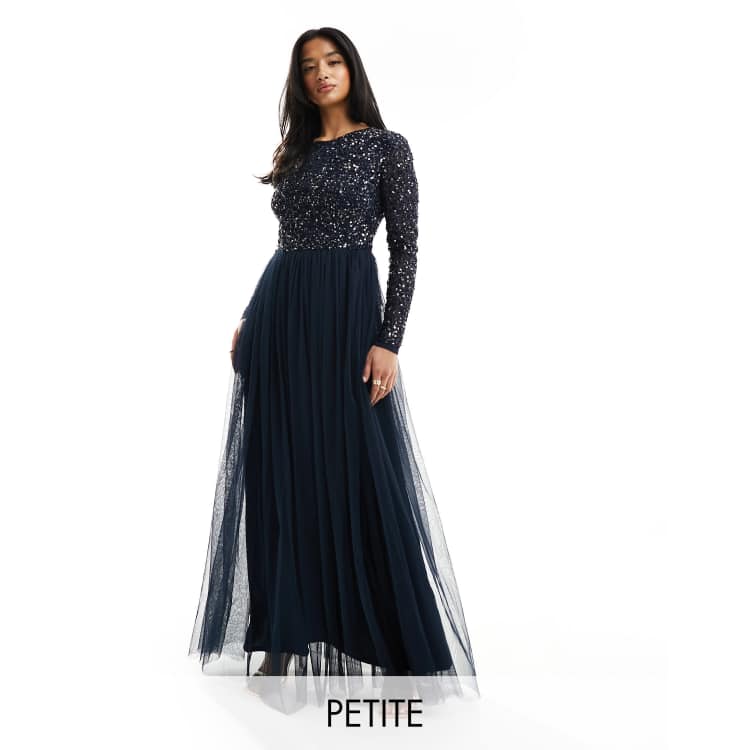 Maya Petite Bridesmaid long sleeve maxi tulle dress with tonal delicate  sequins in navy