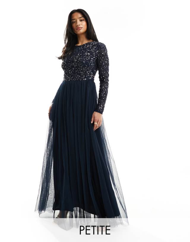 Maya Petite Bridesmaid long sleeve maxi tulle dress with tonal delicate sequins in navy