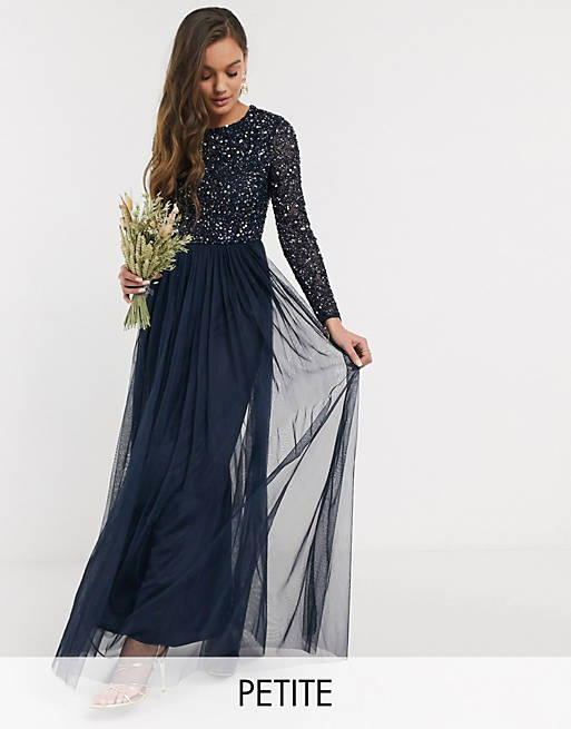 Maya Petite Bridesmaid long sleeve maxi tulle dress with tonal delicate sequins in navy