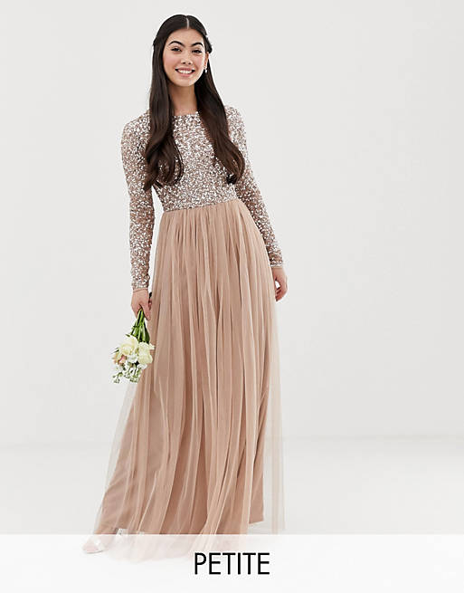 Maya Petite Bridesmaid long sleeve maxi tulle dress with tonal delicate sequins in taupe blush