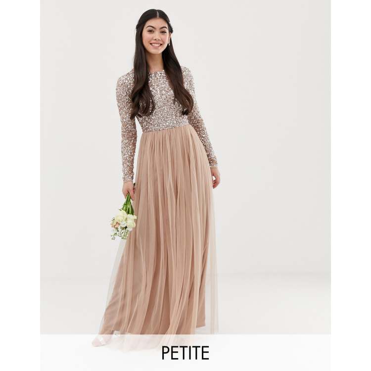 Maya petite bridesmaid long sleeve flatish maxi tulle dress with tonal delicate sequins in taupe blush