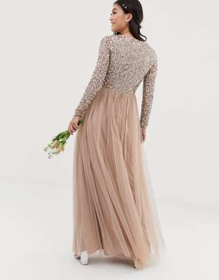 maya petite long sleeve sequin top maxi tulle dress