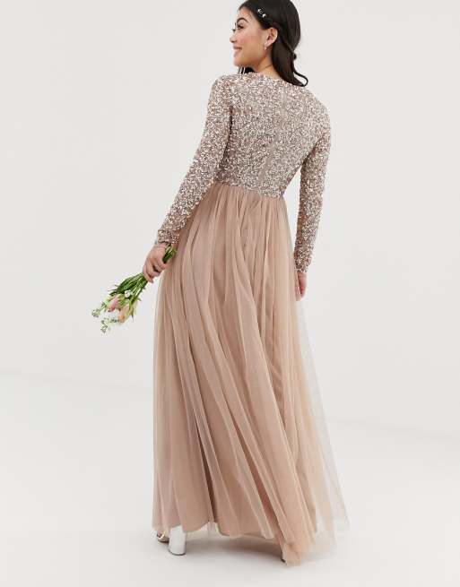 maya bridesmaid long sleeve maxi tulle dress with tonal delicate sequins in taupe blush