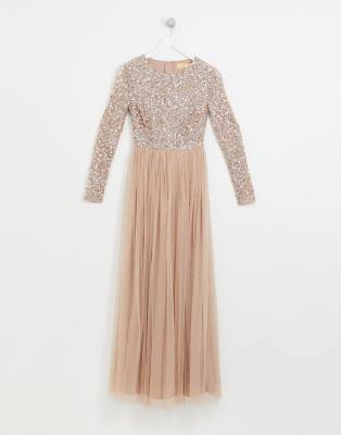 maya petite long sleeve sequin top maxi tulle dress