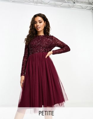 Maya Petite Bridesmaid Long Sleeve Midi Tulle Dress With Tonal Delicate Sequin In Wine-red