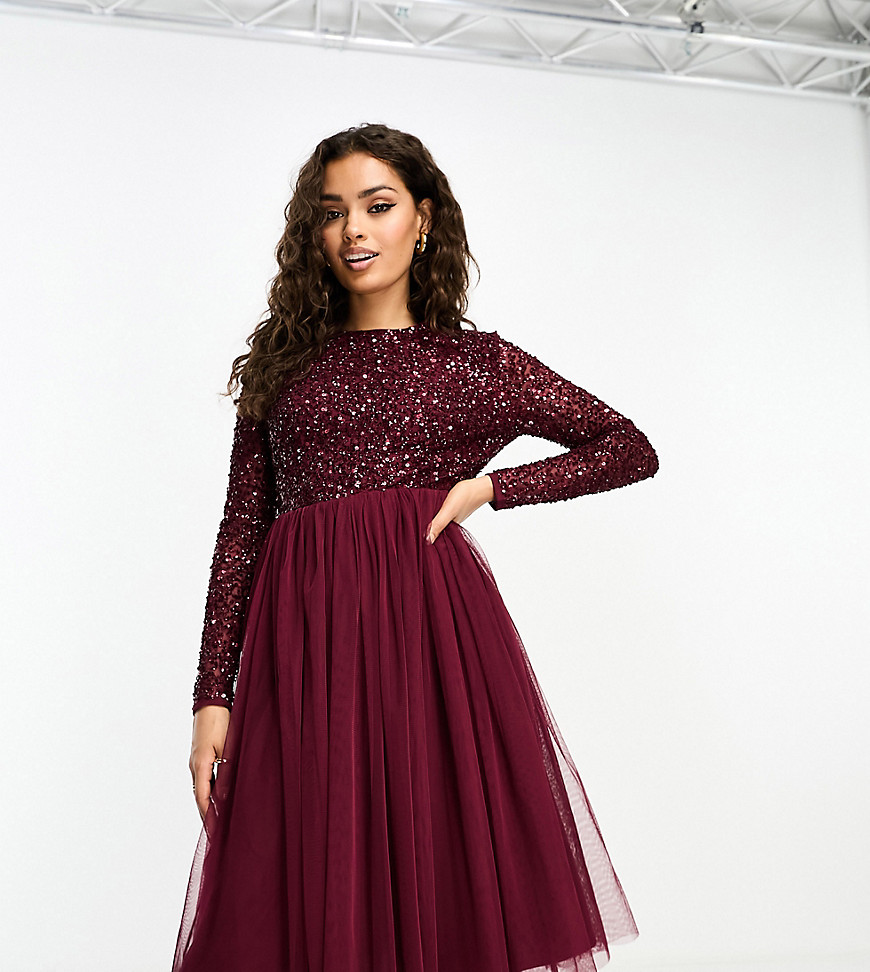 Bridesmaid long sleeve midi tulle dress with tonal delicate sequin in wine-Red