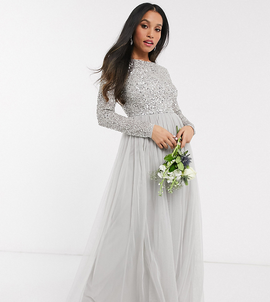 Maya Petite Bridesmaid long sleeve v back maxi tulle dress with tonal delicate sequin in silver-Grey