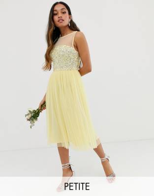 Maya Petite Bridesmaid Mesh Top Delicate Sequin Midi Dress In Lemon-yellow