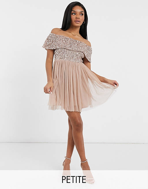 Maya Petite Bridesmaid off shoulder mini tulle dress with tonal delicate sequin in taupe blush