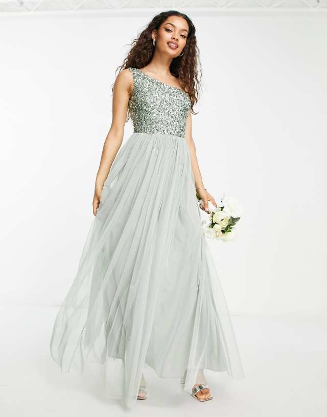 Maya Petite Bridesmaid one shoulder sequin maxi dress in sage green