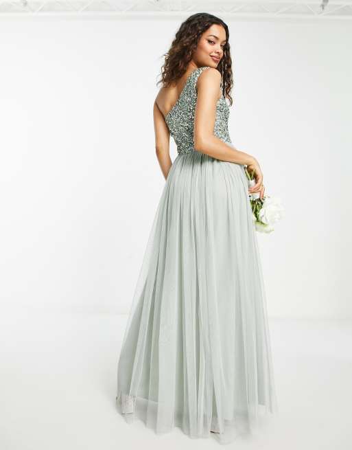 Maya Petite Bridesmaid one shoulder sequin maxi dress in sage green