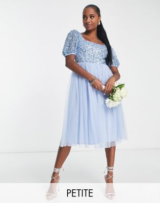 Maya Petite Bridesmaid Puff Sleeve Square Neck Midi Dress In Baby Blue