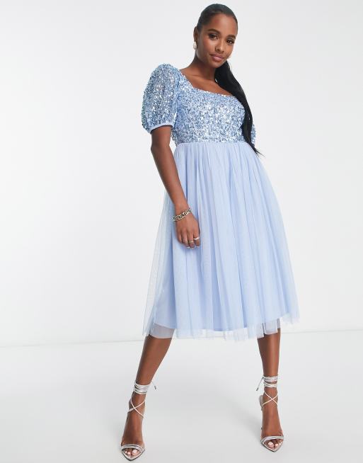 Dusty blue lace square neck hot sale midi dress