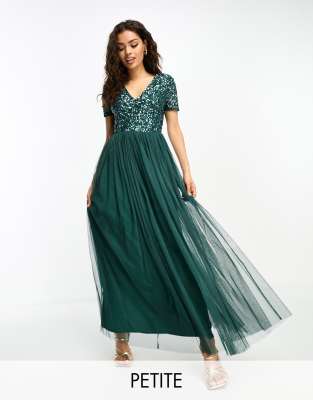 Maya Petite Bridesmaid Short Sleeve Maxi Tulle Dress With Tonal Delicate Sequins In Emerald Green