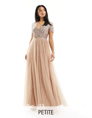 Maya bridesmaid v neck maxi store tulle dress with tonal delicate sequins