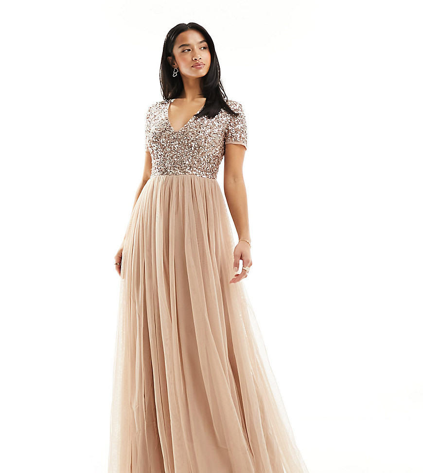 Maya Petite Bridesmaid short sleeve maxi tulle dress with tonal delicate sequins in muted blush-Neutral