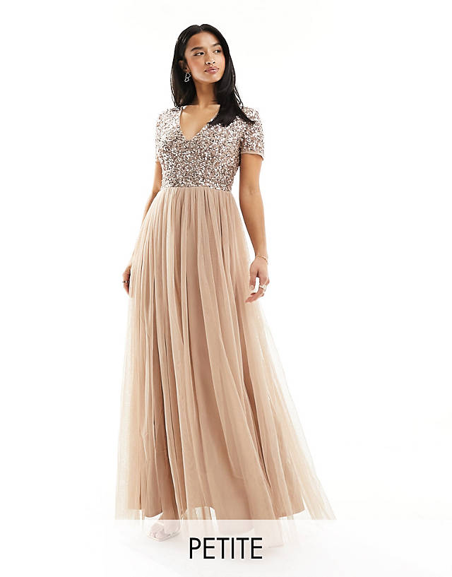 Maya Petite - bridesmaid short sleeve maxi tulle dress with tonal delicate sequins in muted blush
