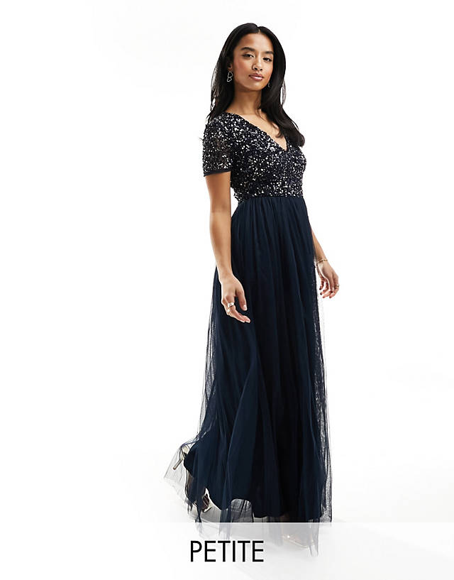 Maya Petite - bridesmaid short sleeve maxi tulle dress with tonal delicate sequins in navy